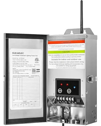 SURAIELEC 300W Wi-Fi Low Voltage Landscape Transformer with 2 Zones, 2.4GHz Smart Outdoor Low Voltage Transformer, Astronomial Timer, 120V to 12V/15V AC, Stainless Steel, ETL Listed