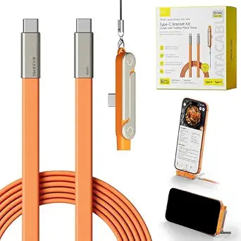 SIDEWAY Phone Charger 240W Silicone Cable with Detachable Stand - Universal Type-C, 90 Angle, 480Mbps Data Transfer Speed,59in(orangeset)