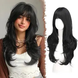 FESHFEN Long Layered Black Wig with Bangs Wavy Wigs for Women