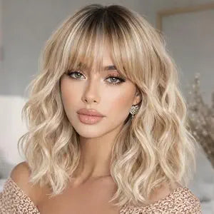 AISI HAIR Bob Curly Wig with Bangs Short Wavy Wigs for Women