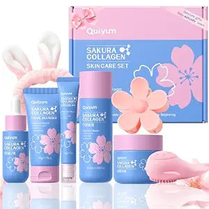 QUIYUM Sakura Collagen Skincare Set - 8-Piece Glass Skin Routine for Women