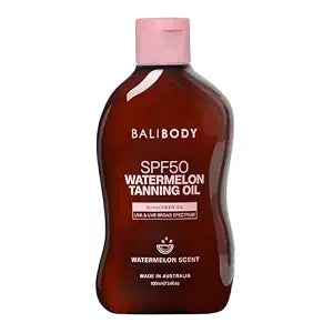 Bali Body Watermelon Tanning Oil SPF50 – Tanning Oil with SPF for Dark Glow Skin, Fast-Absorbing, Non-Greasy Formula, Hydrating, Travel Size, Cruelty-Free, Vegan Australian Made (100ml/3.4floz)