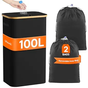 Lifewit 100L Large Recycle Bin for Kitchen, 26 Gallon Recycling Bin with Lid and 2 Reusable Inner Bags, Tall Big Home Storage in Kitchen Outdoors for Bottle Can Glass Plastic Stickers, Black