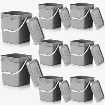 Mumufy 8 Pcs 3.5 Gallon Square Food Grade Bucket with Lid Square Bucket Pail Plastic Handles for Long Term Food Storage, Camping, Fishing, Home Organization Easy Stack and Store (Gray)