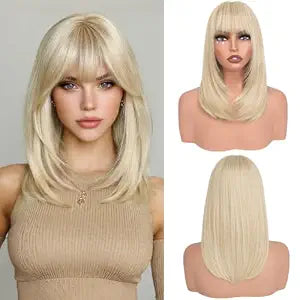 Haloo Blonde Bob Wigs with Bangs Shoulder Length Straight Natural Looking Synthetic Heat Resistant Medium Hair Wigs for Women Daily Party, 16 Inch Light Blonde