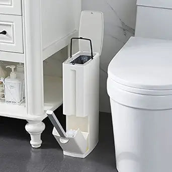 Slim Bathroom Trash Cans with Lid 4.4 Inches Wide/0.7 Gallons(3 Liters),Small Narrow Lidded Bathroom Trash Can with Toilet Brush for RV Camper,Tiny Garbage Can Rv Accessories for Inside(White)