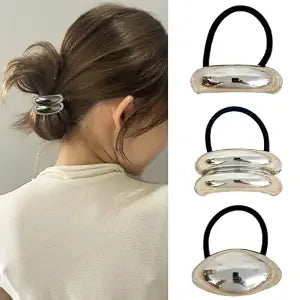 3 PCS Metal Hair Ties Gold Hair Cuffs Metal Hair Cuffs for Ponytails Gold Hair Ties Geometric Elastic Hair Ties Silver