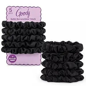 Goody Ouchless One Inch Satin Scrunchies, Frizz Fighting, No Damage Scrunchies, Gentle, Secure & Creaseless Hair Ties for Day and Overnight, All Hair Types, Gifts for Women & Girls, 5 Ct, Black