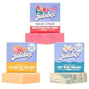 JUKEBOX Natural Women’s Bar Soap – Creamy Lather – Shower & Bath Soap, Crafted Using Cold Process With Natural Oils – Watermelon Rush + Island in the Sun + Sky Blue Malibu, 5oz (3-Pack)