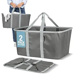 CleverMade Collapsible Laundry Tote 2-Pack (50L)  Foldable Carry-All Storage Bin for Laundry, Car Trunk, RV, Dorm & Home Organization - Charcoal