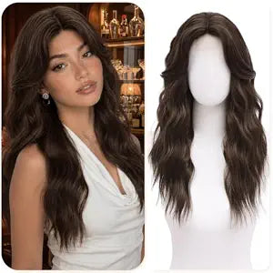 Dark Brown Wigs for Women 22 Inch Middle Part Wavy Synthetic Wig