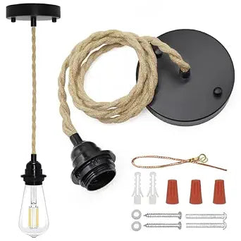 Hemp Rope Pendant Light Kit, Boho Pendant Light Fixture UL Lamp Holder E26 Lamp Socket, Vintage Ceiling Lights Adjustable Hanging Lights Kit for Kitchen Farmhouse