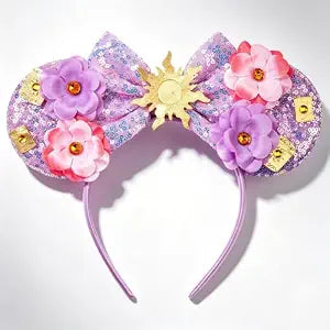 bianbaistar Purple Sun Flower Mouse Ears Headband with Sequin Bow, Stretchy Lightweight Hair Hoop for Adults & Women, Fashion Accessory for Theme Park Party Cosplay