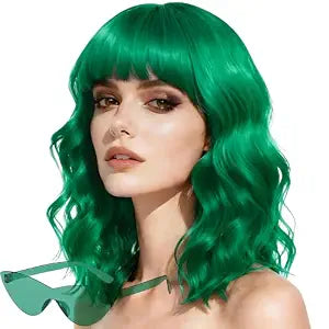 15 Inch Wavy Wig With Bangs and Sunglasses Cosplay Set(Green)