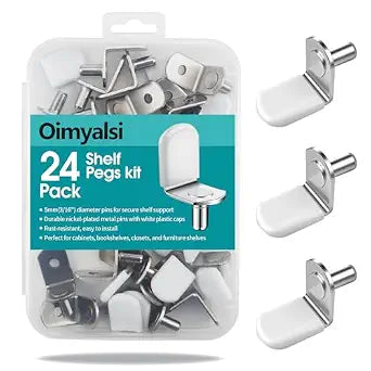 24 Pack Shelf Pegs 5mm (3/16'') with Storage Box, L-Shaped Metal Shelf Pins with Anti-Slip Caps, Nickel Plated Replacement for Kitchen Pantry, Bookcase, Medicine Cabinet & Glass Shelves