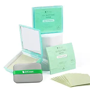 DUcare Oil Blotting Sheets for Face Green Tea Blotting Paper For Oily Skin with Portable Mirror Case & Makeup Puff, Oil Absorbing Sheets For Face 100 Counts
