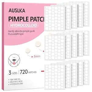 AUSLKA Pimple Patch Bulk, 720 Pimple Patches for Face, Hydrocolloid Spot Patch Stickers for Zits& Blemishes, Suitable for Body, Cheek, Forehead, Chin and Back (8mm, 10mm,12mm)