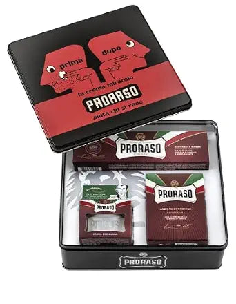 Proraso Shaving Kit - Vintage Dopo Tin - Nourishing Pre Shave Cream, Shaving Cream & After Shave Balm for Coarse, Thick Beards - Premium Italian Gift Set for Men in Collectable Tin