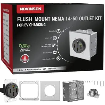 NEMA 14-50 EV Outlet with Flush Mount Box Kit, 50 Amp Outlet for Level 2 EV Charging, NEMA 14-50R Receptacle, 240V Outlet for EV Charger & RV Power, 3-Pole 4-Wire, ETL Listed, Black