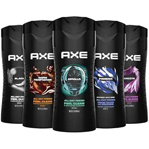 AXE Men's 3-in-1 Face, Body Wash & Shampoo Variety 5-Pack (Apollo, Dark Temptation, Black, Excite, Phoenix) 12H Invigorating Scents, 16 Fl Oz Ea