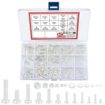 447 Pcs White Nylon Plastic Pan Round Head Screws Bolts and Nuts and Gaskets, Metric Full Threaded Hex Head Screws Bolts and Nuts and Washers Assortment Set - M2/M2.5/M3/M4/M5/M6