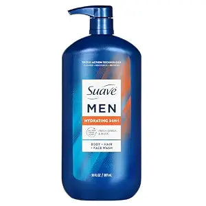 Suave Men Hydrating 3-in-1 Body + Hair + Face Wash with Glycerin & Vitamin E, Cleanse, Moisturize, Refresh, No Parabens or Pthalatates, Long-Lasting Fragrance, 30 FL OZ