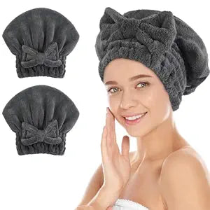 SUNLAND Large Microfiber Hair Drying Caps with Bow Knot 2 Pack Grey