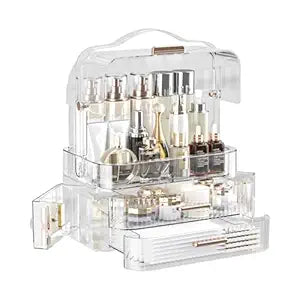 LINFIDITE Cosmetics Storage Box Transparent Lid Large Makeup Organizer Box Drawers Portable Handle Waterproof Dustproof Skincare Display Cases for Countertop, Bathroom, Dresser, PET,Clear Green