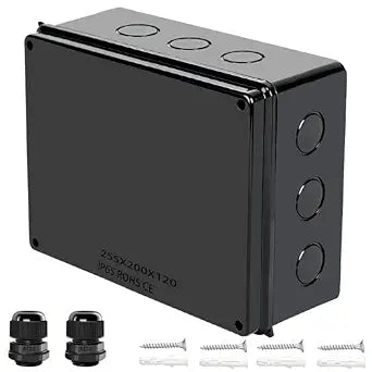 Junction Box, IP65 Waterproof Dustproof Electrical Box ABS Project Case with 2 M24 Cable Glands - Outdoor Enclosure for Electronics Black 10"x 7.9"x 4.7"