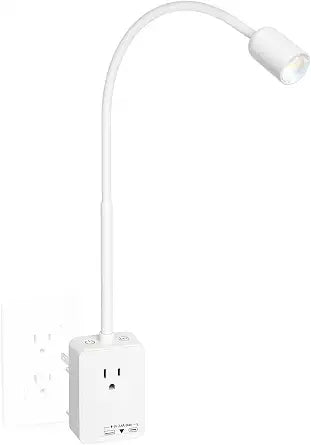 Plug in LED Book Reading Spot Light, White Dimmable Wall Sconce Lamp with Power Plug and Outlet Extender for Kitchen Bedroom Living Room, 3 Lighting Colors, USB Output Charging Ports