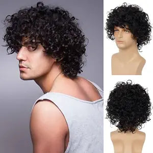 Mens Curly Wig Black Short Curly Rocker Party Wig Halloween Costume Cosplay Hair Wig