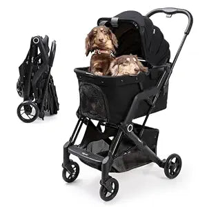 Upgraded Small/Medium Pet Stroller - Dogs & Cats up to 66 lbs, Folds for Storage and Features a Safety Foot Brake, 3-in-1 Foldable Portable Travel Carrier for 2 Small to Medium Pets (Black)