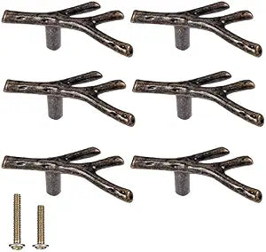 Branch Knob 6pcs Bronze Vintage Tree Twig Branch Cabinet Knobs Pull Handles with 2 Sizes Screws,Zinc Alloy Drawer Handle for Mountain House Kitchen Cupboard (Single Hole, Bronze)