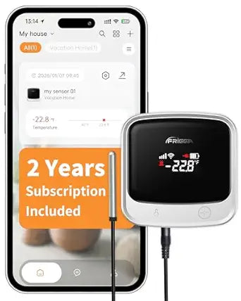 Frigga S0-P 4G & WiFi Refrigerator Thermometer with Alarm, Freezer Temperature Monitor with App Control for Home Kitchen Fridge Hot Tub, 2 Years Subscription Included