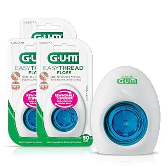 GUM EasyThread Threader Floss - Expanding Dental Floss for Braces, Bridges, and Implants - Built in Rigid Floss Threaders (50 Uses)(Pack of 3)