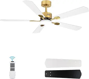 52 inch Ceiling Fan with Lights White and Gold, 3000K-6000K, 6 Wind Speeds, Dimmable LED Ceiling Fan 5 Blades, Quiet Reversible DC Motor, Modern Ceiling Fan for Bedroom, Living Room, Patio
