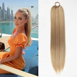 Ponytail Hair Extension For Women,Long Braided Ponytail With Hair Tie,Straight Wrap Around Braided Hair Extension,Synthetic Hair Ponytail Extension 22inch(Golden Blonde Highlights)