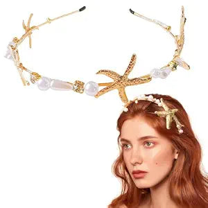 Jaczora Gold Fashion Beaded Starfish Headband, Pearl Starfish Mermaid Headbands, Beach Wedding Hair Accessories for Women