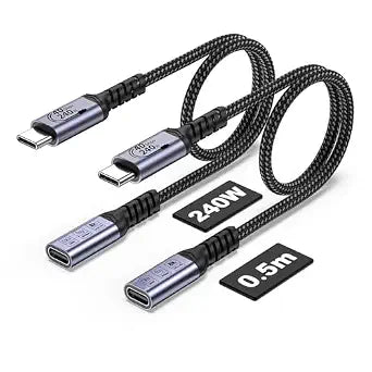 USB C Extension Cable 240W, 1.5FT, 2 Packs, 40Gbps Data, 8K Video