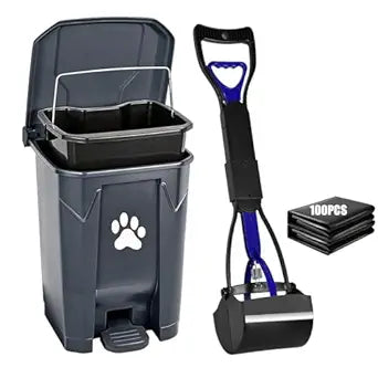 Dog Poop Trash Can Outside with Pooper Scooper, Outdoor Dog Waste Trash Can with Lid Waste Bag Odor Control for Yard Garden, 20L Grey