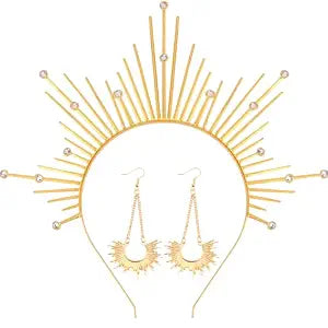 Atoden Gold Halo Crown Headband Dangle Earrings Set Celestial Sunburst Spiked Sun Headpiece Greek Goddess Mary Metal Hairband Renaissance Accessories Halloween Cosplay Costume Outfit Party Favors