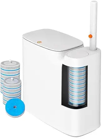 CTIME Bathroom Trash can Set, 2 Gallon White Small Trash Can with Lid, Disposable Toilet Brush, Storage Caddy and 12 Refills, Slim Garbage Can for Bathroom, RV