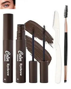 2Pcs Tinted Brow Cream Waterproof,Dark Brown Longwearing Smudgeproof Liquid Eyebrow Tinting Gel Mascara,Volumizing Eye Brows Filler Women Natural Brow Makeup without Clumping with Brow Brush&Razor-01