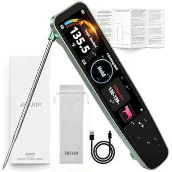 AWLKIM Instant Read Meat Thermometer Digital, 3.8" Touchscreen No App Needed Rechargeable Waterproof Kitchen Food Thermometer Probe for Cooking, Grill, BBQ, Candy, Oil Frying, 0.5F