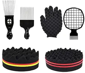 Hair Sponge Set,Afro Brush, Magic Curl Glove, Metal Pick Comb, and Twist Comb for Hairstyling (Black-6Pcs)