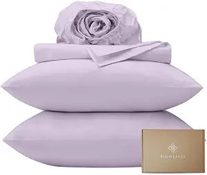 BIOWEAVES 100% Organic Cotton Sheets, 300 Thread Count 4-Piece GOTS Certified Bed Sheet Set Fits Mattress Upto 17" Deep Pocket, Soft & Silky Sateen Weave (Queen, Lavender)