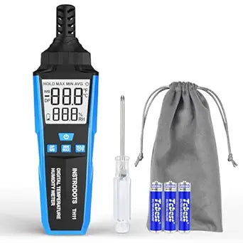 Temperature Humidity Meter, High Precision Digital Hygrometer with Ambient, Dew Point, Wet Bulb Temperature for Indoor Outdoor, Thermometer with Min/Max, Data Hold, LCD Backlight, TH11