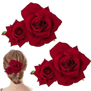 WHAVEL 2 Pack Rose Hair Clip Red Flower Hair Clips Flannel Bridesmaid Bridal Accessories for Women Halloween Wedding Party (Red)