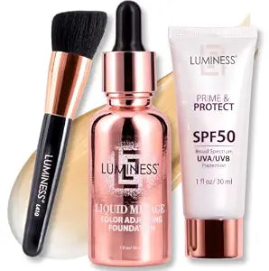 LUMINESS Liquid Mirage Color Adjusting Foundation 3PC Kit with SPF 50 Primer & Pro Makeup Brush - Buildable Coverage, Designed for Mature Skin