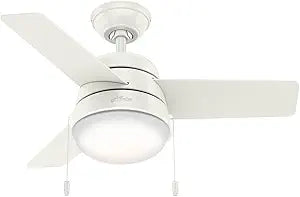 Hunter 36 inch Small Indoor Ceiling Fan with LED Light and Pull Chain - Modern Ceiling Fan, Standard Mount, 3 Blades, For Bedroom, Home Office, or Laundry Room, Quiet - Aker 59301, Fresh White